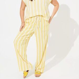 TORRID Pull-On Wide Leg Linen High-Rise Pants Yellow Striped 00 MEDIUM 10 12